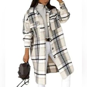 OMOONE Plaid Trench Coat Shacket, Neutral Plaid Flannel, Size Medium NWOT